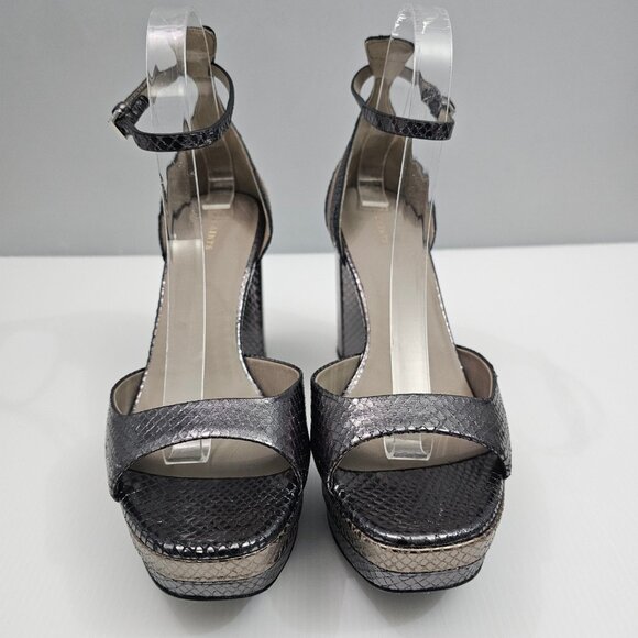 AllSaints Tia Platform Heel Sandal Womens 10 Metallic Bronze Gold Gray Embossed - Picture 6 of 16